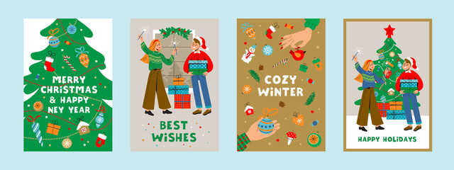 Vector set of postcards with people celebrating winter holidays. Happy family decorating christmas tree.