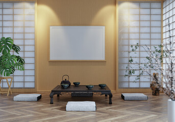 3D illustration mockup frame in japanese style room