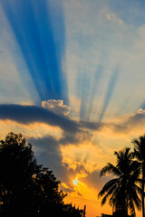 abstract sunbeam on cloudy sky on sunset time background.