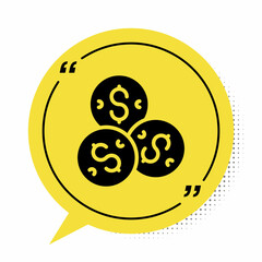 Black Casino chip with dollar symbol icon isolated on white background. Casino gambling. Yellow speech bubble symbol. Vector