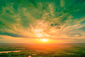Fototapeta premium Sunset over the countryside. Aerial view