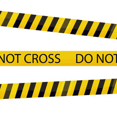 Barricade tape, warning yellow line with stripes, do not cross in cartoon style isolated on white background. Crime accident area, barrier zone. Vector illustration