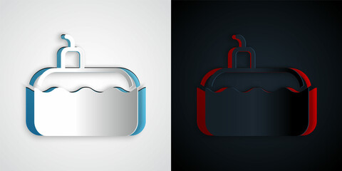 Paper cut Submarine icon isolated on grey and black background. Military ship. Paper art style. Vector