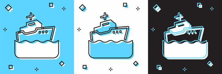 Set Cruise ship icon isolated on blue and white, black background. Travel tourism nautical transport. Voyage passenger ship, cruise liner. Worldwide cruise. Vector