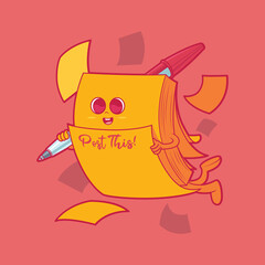 Post-it's character with a pen vector illustration. Office, work, icon design concept.