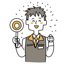 丸の札を持っている家電量販店の店員