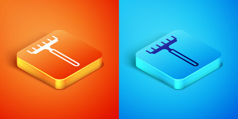 Isometric Garden rake icon isolated on orange and blue background. Tool for horticulture, agriculture, farming. Ground cultivator. Housekeeping equipment. Vector