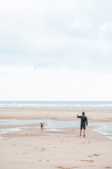 Fototapeta na wymiar Weimaraner, weimaraner dog playing with man on Omaha beach at sunrise, Normandy, France