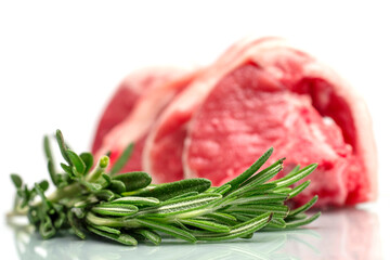 Three fresh uncooked lamb chops with bone in on a white isolated surface with rosemary herb. Selective focus. Meat industry production product and butcher craft example.