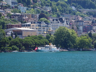 Steamer boat at Lake Geneva and Montreux city in Switzerland