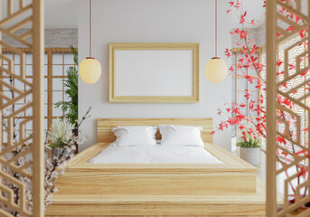 3D illustration Mockup photo frame in bedroom rendering