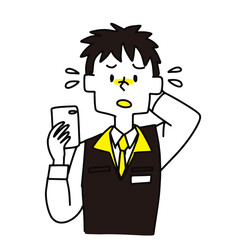 スマホ片手に頭を抱える家電量販店店員