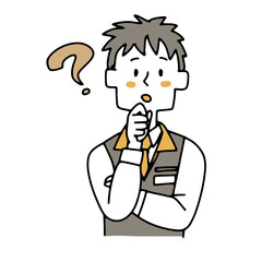 疑問を持っている家電量販店の男性店員