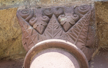Church of San Juan de Amandi, Villaviciosa, Asturias. Detail of a capital with vegetal forms carved...
