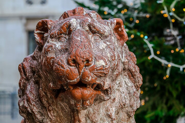 One of the two stone lions located next to the Venice Cathedral