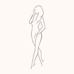 Silhouette of young graceful long-haired naked woman with slender figure hand drawn with contour lines. Outline of slim female body isolated on light background. Monochrome vector illustration.