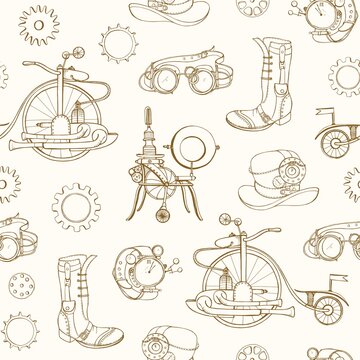 Monochrome seamless pattern with steampunk attributes and apparel hand drawn with contour lines on light background. Backdrop with steam powered machines. Realistic vector illustration for wallpaper