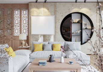 3D illustration Mockup photo frame in lounge rendering