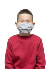 Teenage child wearing protective mask to prevent viral infection or pollution, wearing red sweater, isolated on white background
