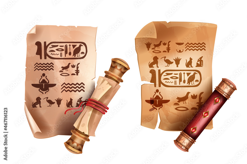 Wall mural Ancient Egypt papyrus scroll game icon, old parchment paper kit, vintage manuscript letter on white. Mythology hieroglyphs, open paper sheet, UI vintage document illustration. Egypt papyrus clipart