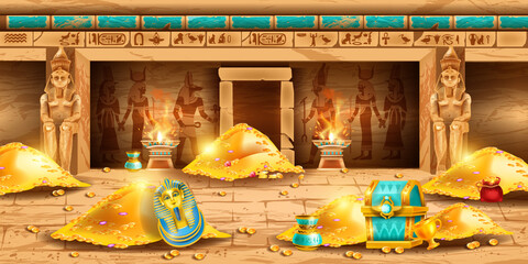 Egypt pharaoh treasure background, vector game ancient pyramid interior, tomb secret room, gold pile. Archeology illustration, stone sarcophagus, vintage chest, hieroglyph. Egypt treasure chamber - obrazy, fototapety, plakaty