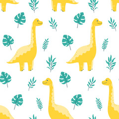 Vector seamless pattern with cute dinosaurs and leaves on a white background
