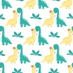 Vector seamless pattern with cute dinosaurs in love on a white background