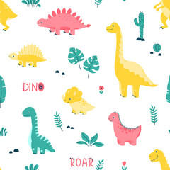 Vector seamless pattern with cute dinosaurs, text dino, leaves and flowers on a white background