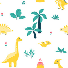 Vector seamless pattern with cute dinosaurs, palms, leaves and flowers on a white background