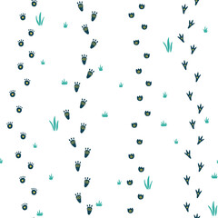 Vector seamless pattern with footprints of dinosaurs on a white background with grass
