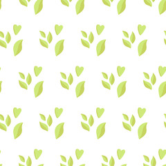 Vector seamless pattern with green leaves and hearts on white background
