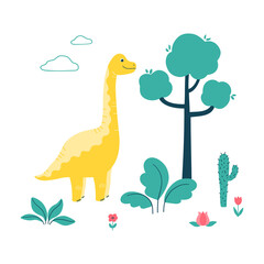 Fototapeta na wymiar Cute dinosaur with leaves, flowers, tree, clouds. Character isolated on white background. Vector illustration