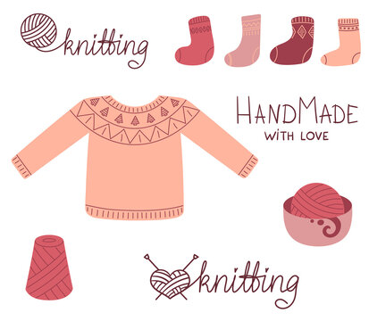 Knitting set vector illustration. Knitting and handmade lettering or text. Knitted pullover and socks