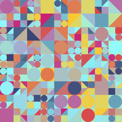 Patrón geométrico abstracto de formas básicas en colores vivos y sobre fondo azul claro.