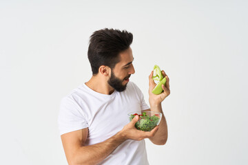 man in white t-shirt plate salad healthy food diet