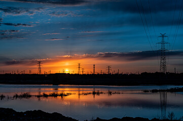 Fototapeta na wymiar Substation landscape under the setting sun