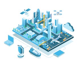 Obraz premium View of the building with airport and ship port