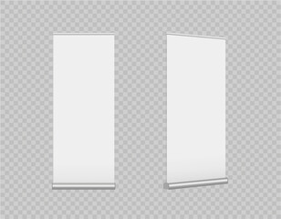 Vector realistic roll-up banners isolated on a transparent background. Vertical template for branding advertising, conferences, shows. Mobile sliding advertising stands. Mock-up. EPS10.