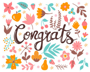 Fototapeta na wymiar Hand lettering congrats on set of flowers and plants, vector illustration in flat style