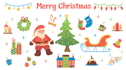 Fototapeta na wymiar Christmas and New Year set on a white background. Collection of flat vector illustrations with santa claus, christmas tree, present, candles, candies, skates, christmas socks, cocoa, cake, sleigh.
