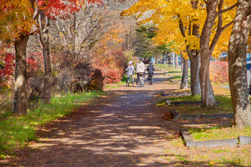 Fototapeta na wymiar 紅葉の季節に軽井沢で自転車に乗る親子