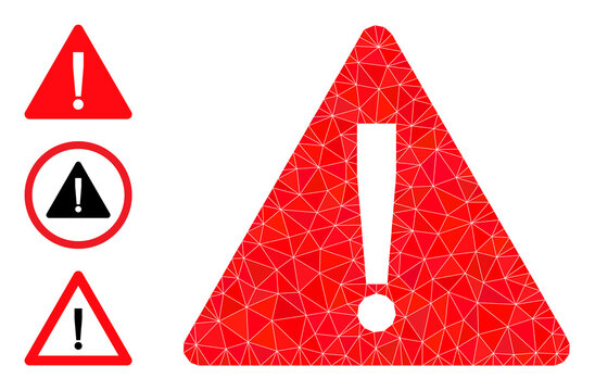 Low-poly warning icon, and bonus icons. Polygonal warning vector is constructed with randomized triangles. Flat geometric polygonal illustration is designed by warning icon.