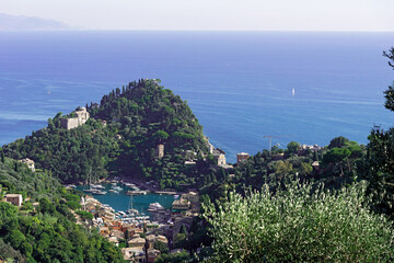panoramic aerial view of the bay and the promontory of Portofino