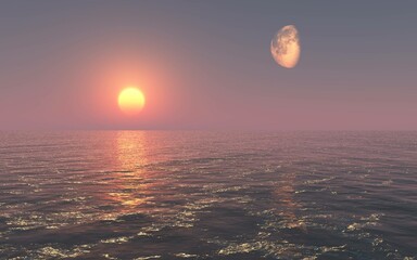 水平線上の太陽と月