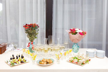 Catering service food and champagne glasses 