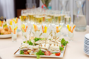 Catering service food and champagne glasses 