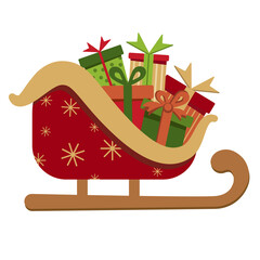 Vector flat illustration of Christmas gifts in Santa Claus sleigh on a white background. New Year's card banner Christmas gifts in Santa Claus sleigh. EPS10.