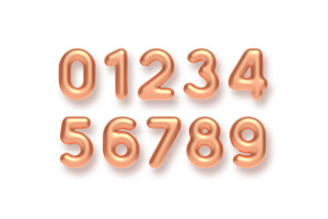Copper numbers vector set. 3d realistic metal characters. Decorative elements for banner, cover, birthday or anniversary party.