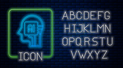 Glowing neon Humanoid robot icon isolated on brick wall background. Artificial intelligence, machine learning, cloud computing. Neon light alphabet. Vector