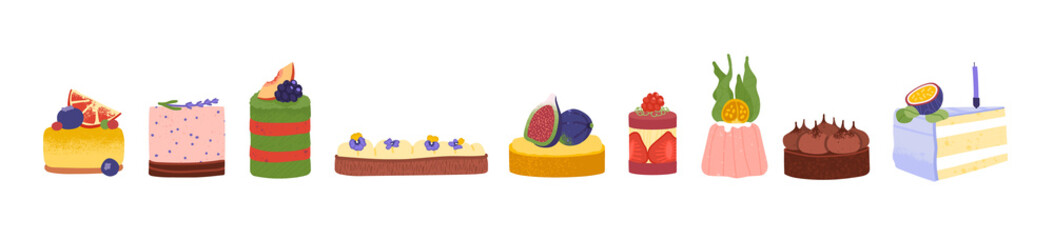 Hand-made sweets and cakes decorated with flowers, fruits, and berries vector. Premium craft desserts with mousse, creme, custard, chocolate, pastry, sponge, jelly. Home confectionery market concept.